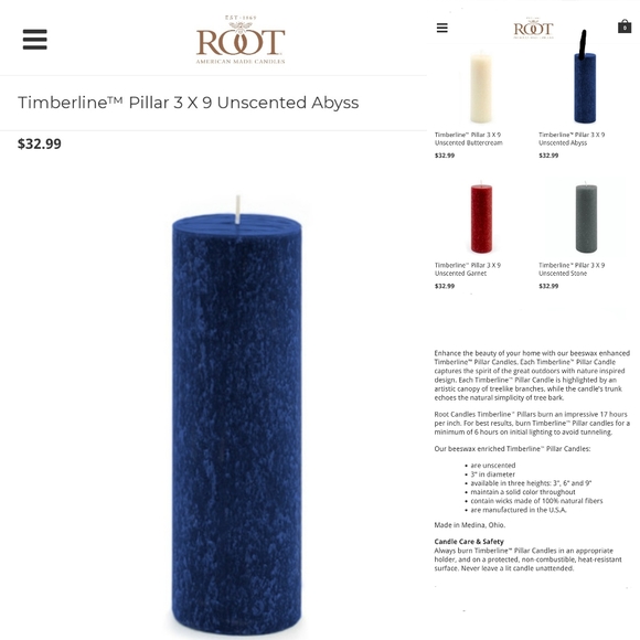 Large Root Beeswax Enhanced Timberline Pillar Candle 3" x 9” Blue Abyss - Picture 5 of 7